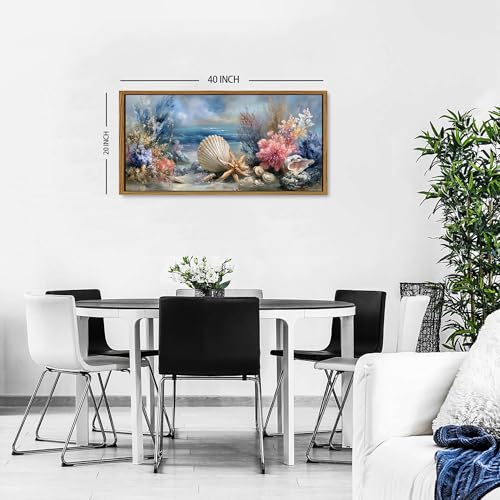 Framed Coastal Wall Decor Minimalism Seashell Coral Line Art Canvas Graffiti Abstract Beach Picture for Living Room Blue Ocean Seascape Painting Rustic Conch Starfish Artwork Bathroom Decoration 20x40 - color: Starfish, size: 20"L x 40"W