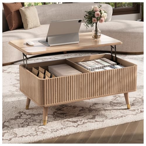 JOINICE Oak Lift Top Coffee Table with Storage for Living Room,38" | Fluted Rectangle Center Table with Wooden Legs,Large Hidden Storage,Natural Boho Style,Lifts to 23",Holds 88lbs,Easy Assembly - color: Oak_rectangle