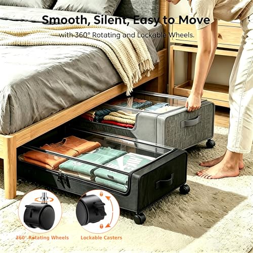 Under Bed Storage with Wheels, 2Pack 50L Organizer with Clear Lid & Label | Underbed Shoe Storage Organizer, Rolling Under Bed Metal Drawers for Clothes&Blankets, Large Capacity, Dust-proof, Foldable