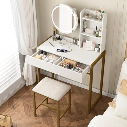 Small Vanity Desk with Mirror and Lights, Makeup Vanity Table with LED Mirror, 3 Lighting Modes, Power Outlet, Drawer, Open Shelves and Cushioned Stool for Bedroom (Gold) - color: Gold