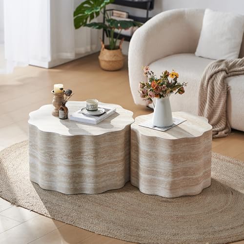 Nesting Coffee Table Set of 2, Modern Wood Center Table for Living Room, Faux Mars Pattern Side Table Accent End Table for Apartment Office, No Need Assembly (26.7"& 23.6") - color: 26.7"& 23.6" Beige Brown