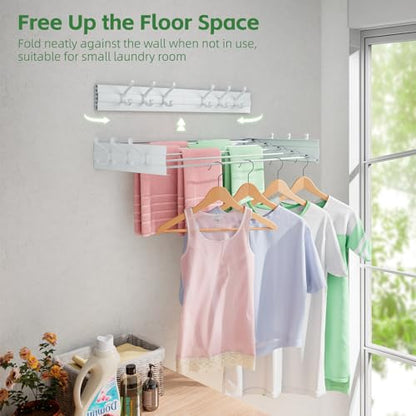Wall Mounted Drying Rack 31.5", Foldable Clothes Drying Rack with 6 Towel Hooks and 5 Rods for Hanging Clothes, Space Saving Laundry Rack for Indoor Outdoor Bathroom Balcony Laundry Room(31.5") - size: 31.5''
