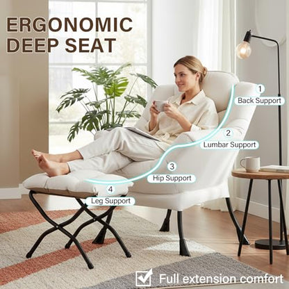 Welnow Lazy Chair with Ottoman, Reading Chair with Footrest, Beige | A Side Pocket,Armrests,Foldable Footrest,Thick Cushioned Seat & Backrest, Lounge Chair for Bedroom,Living Room & Small Space - color: Beige