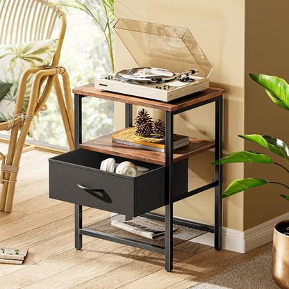 Huuger Night Stand with Fabric Drawer, Side Table with Mesh Shelf, Bedroom Nightstand, Fabric Drawer Dresser, Open Shelf, Metal Frame, Couch Side, Rustic Brown and Black | Bedroom Nightstand, Fabric Drawer Dresser, Open Shelf, Metal Frame, Couch Side, Rus