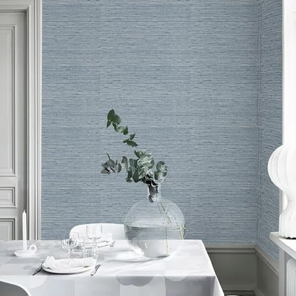 HueBurst Grasscloth Peel and Stick Wallpaper 17.3" x 197" Blue Textured Grasscloth Wall Paper Renter Friendly Wallpaper Self Adhesive Removable for Bathroom Bedroom - color: Blue, size: 17.3" x 197"