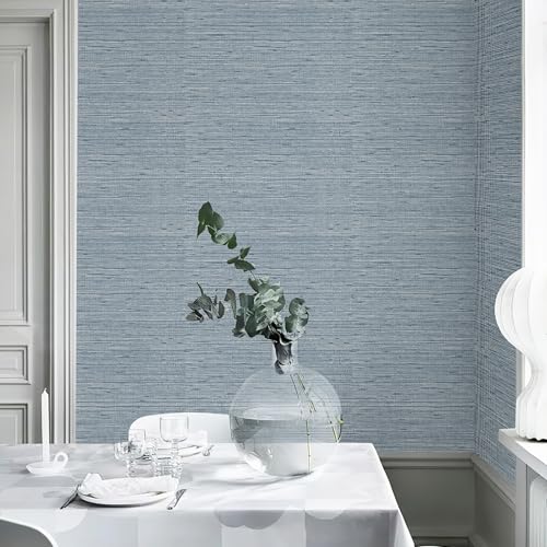 HueBurst Grasscloth Peel and Stick Wallpaper 17.3" x 394" Blue Textured Grasscloth Wall Paper Renter Friendly Wallpaper Self Adhesive Removable for Bathroom Bedroom - color: Blue, size: 17.3" x 394"