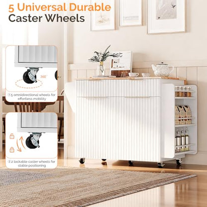 VINGLI Fluted Large Kitchen Island Cart with 2 Draws & 4 Doors, White | Drop-leaf Toptable, Adjuestable Shelves, Towel Bar, 3-tier Side Storage Rack, 360° Rolling Design - size: 32.7"