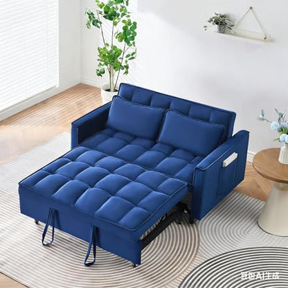 55" Pull Out Sleeper Sofa, Velvet Loveseat with Side Pockets, Blue | Velvet upholstery, 5-level adjustable back, Pull-out bed design, Sturdy frame with side pockets - color: Blue