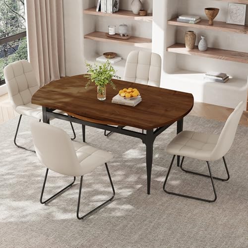 HIPIHOM Expandable Folding Dining Table Set, 55-Inch Round to Square Table with 6 Upholstered Chairs, Metal Frame, for Dining Room or Apartment (Round Table + 6 White Chairs) - color: Round Table + 6 White Chairs
