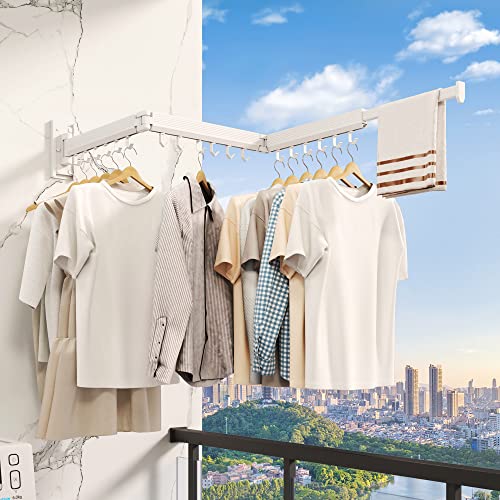 Wall Mounted Tri-Fold Clothes Drying Rack, Heavy Duty Collapsible Laundry Drying Rack, Space-Saving Retractable Foldable Drying Rack Clothes for Laundry Room Balcony Bathroom,White-Hooks - style: White-Hooks