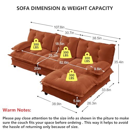 Modular Sectional L-Shaped Sofas,Roomy 3 Seater Sofa Couch with Ottoman,107.8" Chenille Cloud Couches,Modern Tufted Corner Sofa Set for Living Room - color: Orange, size: 3+1