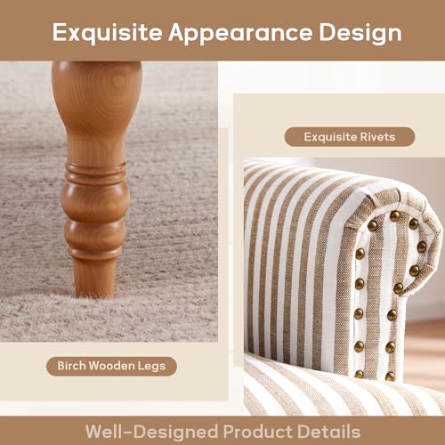 HUIMO Linen Fabric Accent Chair, Mid-Century Modern Armchair with Solid Wood Legs, Single Sofa Chair,Upholstered Reading Club Chair (1, Brown and White Stripe) - color: Brown and White Stripe