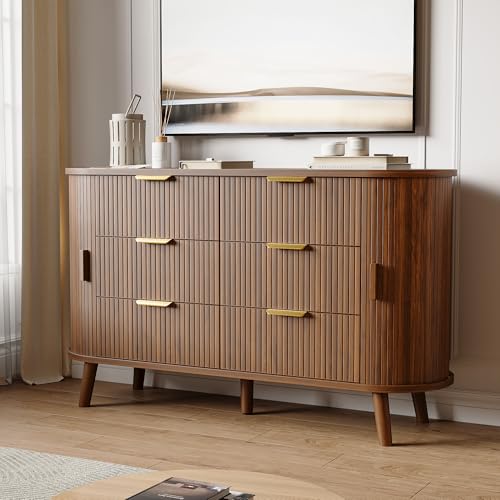 Decofy Fluted 6 Drawers Dresser, 55'' Wide Mid Century Modern Chest of Drawers with Sliding Door & Metal Handles, Curved Profile & Sturdy Legs, Wood TV Stand for Bedroom, Living Room (Walnut)