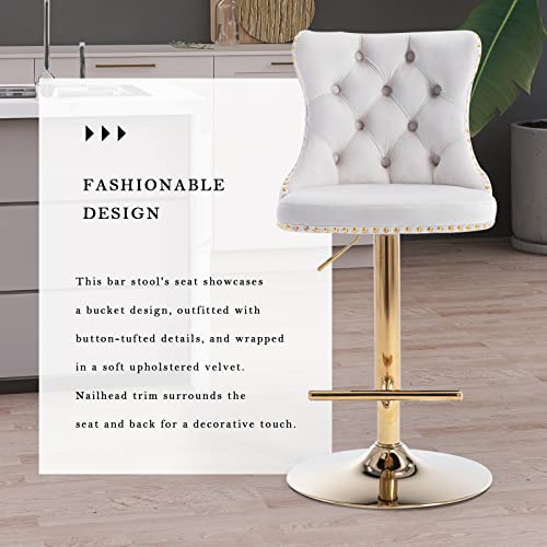 Velvet Bar Stool Set of 2, Adjustable Swivel Bar Stools with Gold Plated Metal Leg, Button Tufted, Footrest, Chrome Nailhead, Counter Height Chair for Kitchen, Bar, Dining Room (Beige) - color: Beige-gold Leg, size: Set of 2