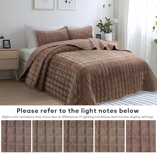 Velvet Quilt Oversized King Size, Luxury Soft Bedding Set, Lightweight Cozy Warm Quilted 3-Piece Velvet Coverlet Bedspread Sets with 2 Pillow Shams for All Season, Brown - color: Brown, size: Oversized King(120"x120")