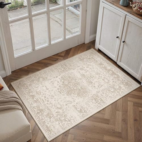 Light Brown 2x3 Area Rug Washable for Entryway | Living Room Rug,Vintage Rug,Bedroom,Dining Room,Office,Farmhouse,Non-Shedding,Non Slip,Low Pile,Soft - color: Light Brown, size: 2' x 3' (Rectangular)