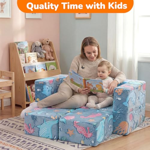 MeMoreCool Glow Modular Kids Couch, Denim Mermaid | modular foam seating, removable washable cover, mermaid glow design, lightweight pieces, playroom furniture - color: Denim Mermaid
