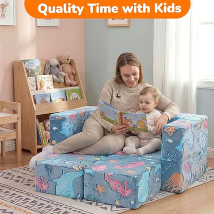 MeMoreCool Glow Modular Kids Couch, Denim Mermaid | modular foam seating, removable washable cover, mermaid glow design, lightweight pieces, playroom furniture - color: Denim Mermaid