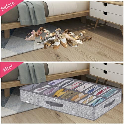 Onlyeasy Sturdy Under Bed Shoe Storage Organizers with Handles & Clear Window (16 to 32 Pairs) 2 Pack, Closet Shoes Containers Boxes for Kids & Adults, 37.7"x23.6"x5.9", Linen-like Grey, MXDUBS16P2 - color: 2 Shoes (16+16 Cells) Linen-like Grey