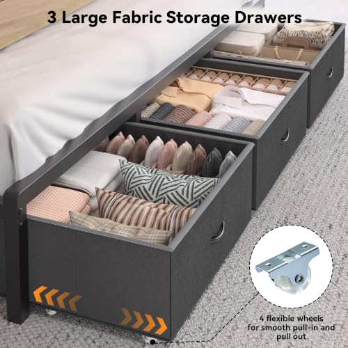 FreeHouse King Size Bed Frame with Storage Headboard & 3 Drawers, Grey | Upholstered King Bed Frame with Charging Station & LED Lights,Fabric Drawers, Metal Slats, No Box Spring Needed Noise-Free - color: Grey, size: King