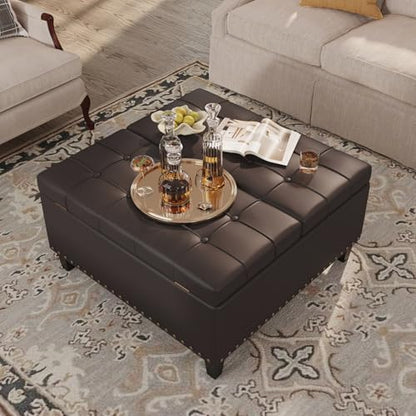 FiveWillowise 31.5 Inch Large Square Ottoman with Storage,Faux Leather | Coffee Table Storage Ottoman Bench with Lift Top Upholstered Footrest Stool Toy Box for Bedroom Living Room,Chocolate - color: Chocolate