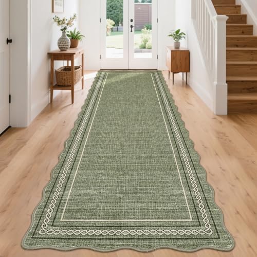 GarveeHome Washable Runner Rugs 2x8 Entryay Rug Scalloped Non Slip, Green | Bathroom Rugs Non Slip Kitchen Runner Low Pile Hallway Rug Stain Resistant Carpet for Entry Laundry Room - color: Green, size: 2' x 8' (Runner)