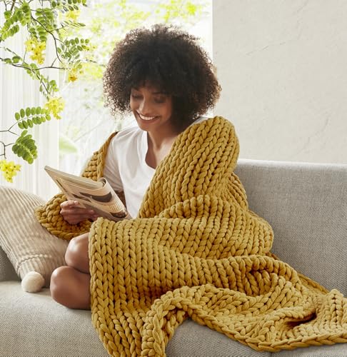 Madison Park Chunky Double Knit All Season Throw Blanket, 50 x 60, Yellow | Ultra Soft, Acrylic, Cozy Warmth for Sofa or Bed, Lightweight, Boho, OEKO-TEX Certified - color: Yellow