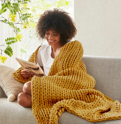 Madison Park Chunky Double Knit All Season Throw Blanket, 50 x 60, Yellow | Ultra Soft, Acrylic, Cozy Warmth for Sofa or Bed, Lightweight, Boho, OEKO-TEX Certified - color: Yellow