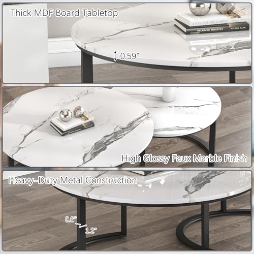 WiberWi Round Coffee Table Nesting Tables Set of 2, Large : Ø 33.5", Small : Ø 25.7", Modern Design Coffee Tables for Living Room, Metal Frame Circle Cocktail Table, High Glossy Faux White Marble - color: White Top&black Frame