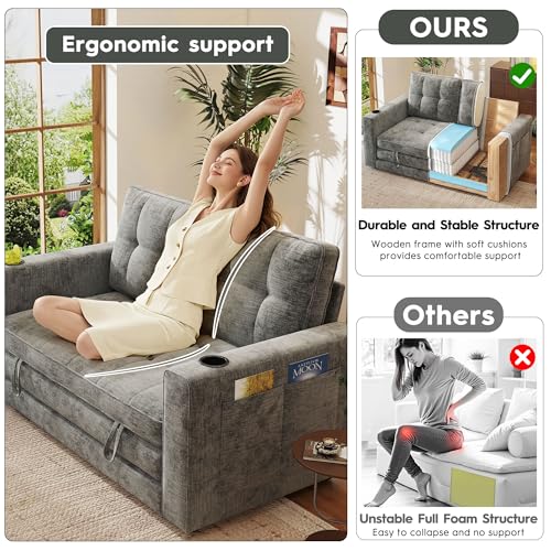 55" Convertible Folding Sofa Bed, Pull Out Couch Love Seat Sleeper Bed, Small Fold Out Loveseat sleeper with Cup Holder and Pillow for Small Space, Bedroom Lounge, Dorm, Living Room(Grey Chenille) - color: Light Grey