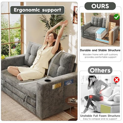 55" Convertible Folding Sofa Bed, Pull Out Couch Love Seat Sleeper Bed, Small Fold Out Loveseat sleeper with Cup Holder and Pillow for Small Space, Bedroom Lounge, Dorm, Living Room(Grey Chenille) - color: Light Grey