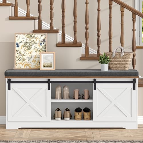 Farmhouse Shoe Storage Bench, Shoe Bench with Slide Barn Doors | 47.2" Entryway Bench with Cushion and Adjustable Shelves, for Bedroom, Closet, Living Room, Hallway, White