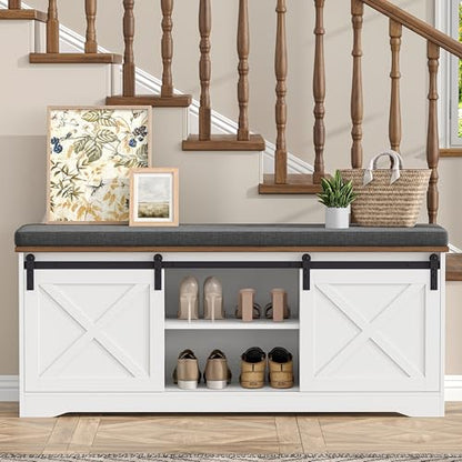 Farmhouse Shoe Storage Bench, Shoe Bench with Slide Barn Doors | 47.2" Entryway Bench with Cushion and Adjustable Shelves, for Bedroom, Closet, Living Room, Hallway, White