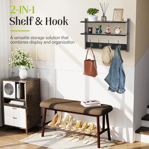 Two-Tier Wall Shelf with Hooks, 17" Coat Rack Wall Mount with Shelf, Entryway Key Hooks for Wall with Heavy Duty Double Hooks, Coat Hook Wall Mounted for Bedroom, Living Room, Black - color: Black-1 Pack