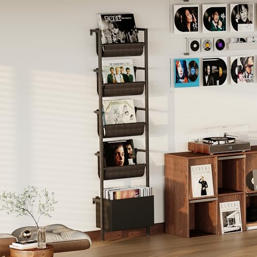 Homeiju Wall Mounted Kids Bookshelf with Storage Bin, 5-Tier Ladder Shelf, Suitable for Books, Toys, Magazines, Documents, Albums, Black - color: Black