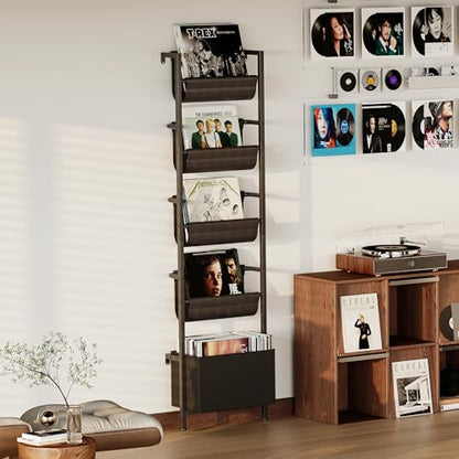 Homeiju Wall Mounted Kids Bookshelf with Storage Bin, 5-Tier Ladder Shelf, Suitable for Books, Toys, Magazines, Documents, Albums, Black - color: Black