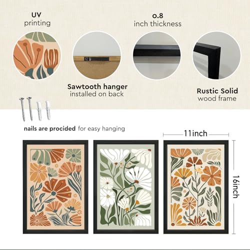 Boho Wildflower Wall Art 3pc, 11x16 Framed Abstract Floral Botanical Prints | Black Wood Frame With Vintage Farmhouse Style. Versatile Decor for Living Room, Bedroom, Office. Designed for Nature Lovers. - color: Wildflowe Floral Botanical (Black), size: 1