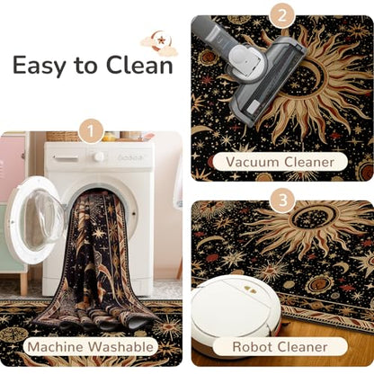 Vacuum-Friendly, 10x14 Washable Area Rug, Black Gold Beige Red | Sun and Moon Boho Gothic Non-Slip Low Pile Living Roon Bedroom Dining Room Kitchen Entry Entryway Entrance Hallway Doormat - color: Black/Gold/Beige/Red, size: 10' x 14' (Rectangular)