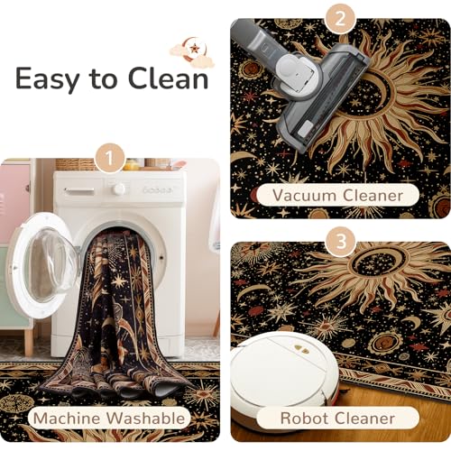 Vacuum-Friendly, 6x9 Washable Area Rug, Black Gold Beige Red | Sun and Moon Boho Gothic Non-Slip Low Pile Living Roon Bedroom Dining Room Kitchen Entry Entryway Entrance Hallway Doormat - color: Black/Gold/Beige/Red, size: 6' x 9' (Rectangular)