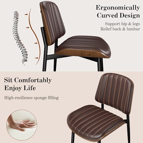 Dining Chairs Set of 2, Mid-Century Modern Upholstered PU Leather Chairs | with Walnut Bentwood Back and Metal Legs Adjustable Feet for Kitchen Dining Living Room, Dark Brown Vertical Stripes - color: Dark Brown Vertical Stripes
