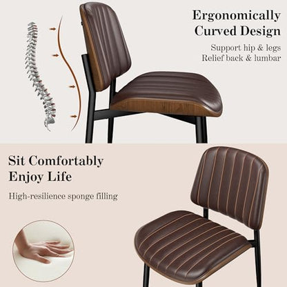 Dining Chairs Set of 2, Mid-Century Modern Upholstered PU Leather Chairs | with Walnut Bentwood Back and Metal Legs Adjustable Feet for Kitchen Dining Living Room, Dark Brown Vertical Stripes - color: Dark Brown Vertical Stripes