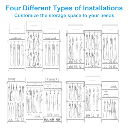 E13 Pro Heavy Duty Clothes Rack（With 4 Hanger Rods & 8 Shelves） Freestanding Clothing Racks for Hanging Clothes，Adjustable Closet，Metal Garment Rack 75" W x16 D x77 H，Max Load 1000LBS，Black - color: Black, size: E13 Pro