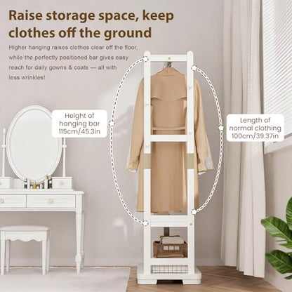 Solid Wood Clothes Rack with 2 Shelves & 4 Hooks for Hanging Clothes Garment Wallets Hats, White Clothing Rack Heavy Duty Coat Rack Freestanding with Storage Hall Tree for Hallway Bedroom Living Room | Hallway bedroom living room, durable wood constructio