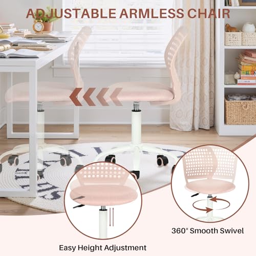 FurnitureR Armless Rolling Kids Desk Chair with Breathable Back and Padded Seat, Ergonomic Adjustable Height Swivel Compact Study Computer Task Chair for Teens Adults, Blush Pink - color: Blush Pink