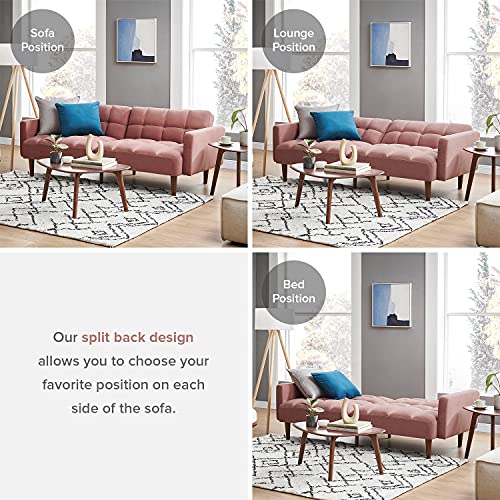 mopio 76.4" Futon Sofa Bed Tufted Styled, Sleeper Couch (Old Rosa, Velvet) | A textured seat folds flat for sleepovers; snug proportions slip into lofts and small lounges. - color: Old Rosa, Velvet