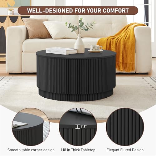 31.5" Round Coffee Table with Storage, Modern Accent Coffee Tables with Fluted Base, Wooden Circle Center Table for Living Room Small Space Apartment Office (Black) - color: Black 31.5" Round Flip-top