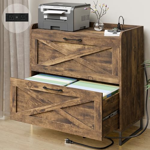Vabches 2 Drawer Lateral File Cabinet with Charging Station, Rustic Brown | Modern Farmhouse Large Wood File Storage Cabinet for Legal/Letter/A4 Size Hanging Files,Printer Stand for Home Office - color: Brown