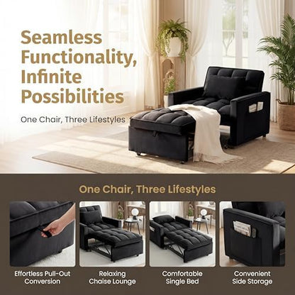 Sleeper Chair with Pull Out Bed, 3 In1 Convertible Chair Bed, Black | Adjustable Backrest with Multiple Reclining Positions, Soft Cushioning, Handy Side Pocket, Perfect for Everyday Lounging - color: W-black-m2