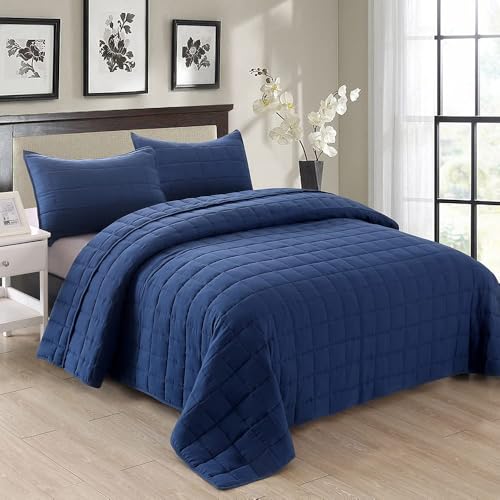 EMME Quilts Queen Size Bedding Sets Navy Blue Bedspread, Soft Lightweight Pre-Washed Bed Set, 3 Piece Cozy Reversible Microfiber Bed Coverlet with Pillow Sham(Square Pattern,90"x90") - color: 01-navy (Squares Pattern), size: Full/Queen(90" x 90")