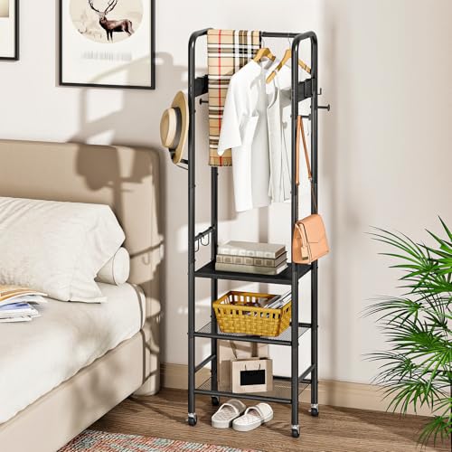 Coat Rack, Freestanding Coat Rack with 3 Shelves, Rolling Garment Rack with Wheels and Hooks, Coat Hanger Stand, Clothes Rack, Hanging Rod, for Entryway, Bedroom, Living Room, Black TYM17BB